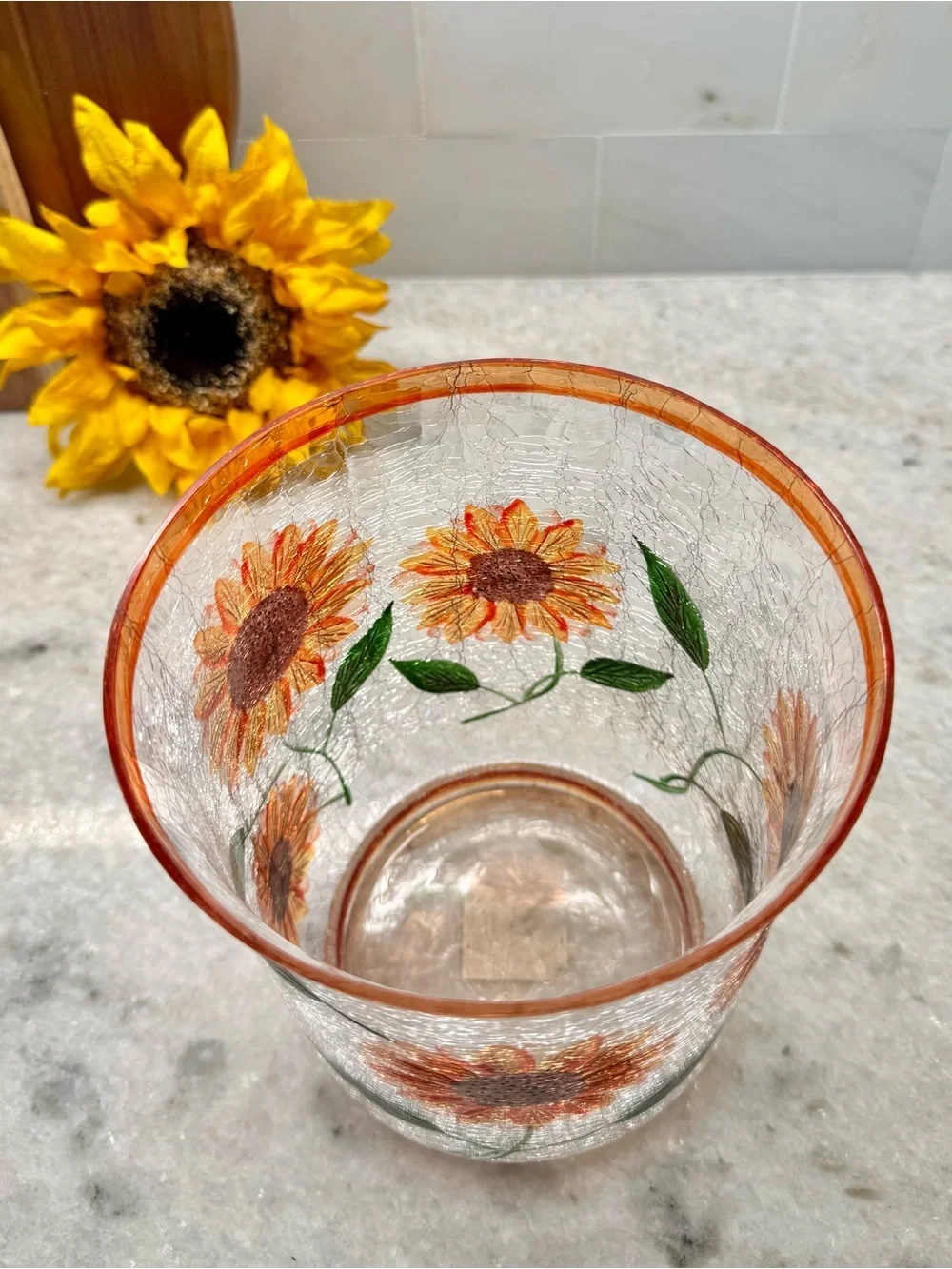 New Yankee Candle Summer Fall Sunflower Crackle Glass Hurricane Candle Holder 7”
